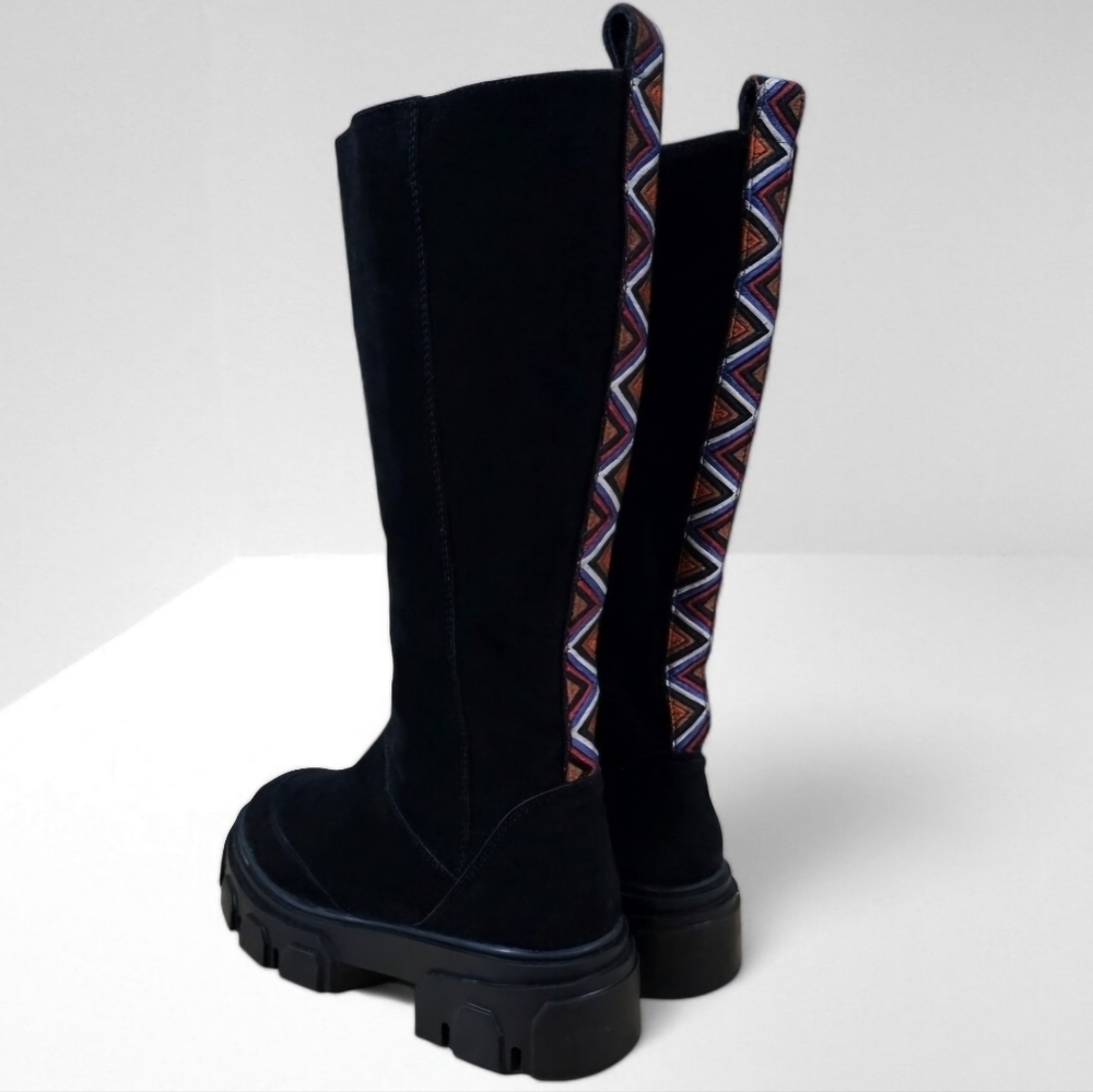 Farm Rio Tall Combat Boot Womens 7.5 Black Vegan Platform Boho Embroidered NEW